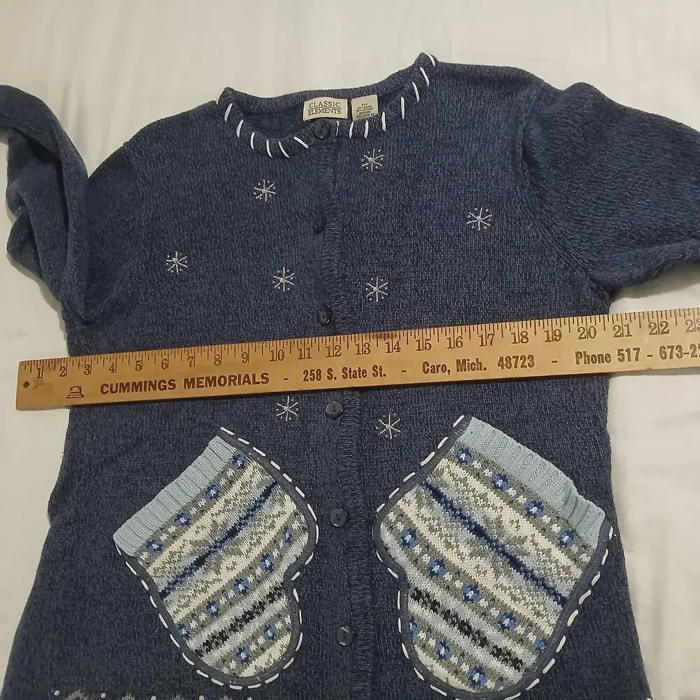 Classic Elements Small Blue Long-Sleeved Christmas Sweater Mitten Pockets